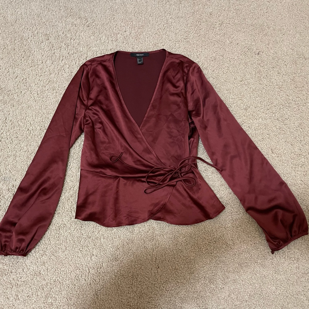 Red Satin Deep-Vneck Shirt